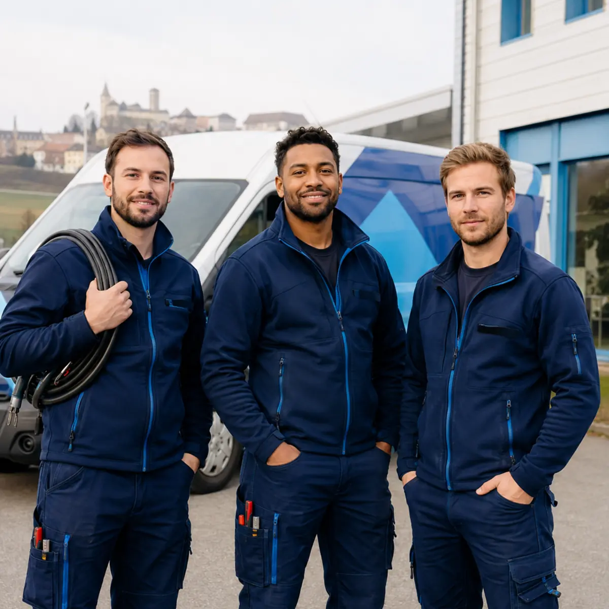 Équipe de trois électriciens devant leur véhicule de service