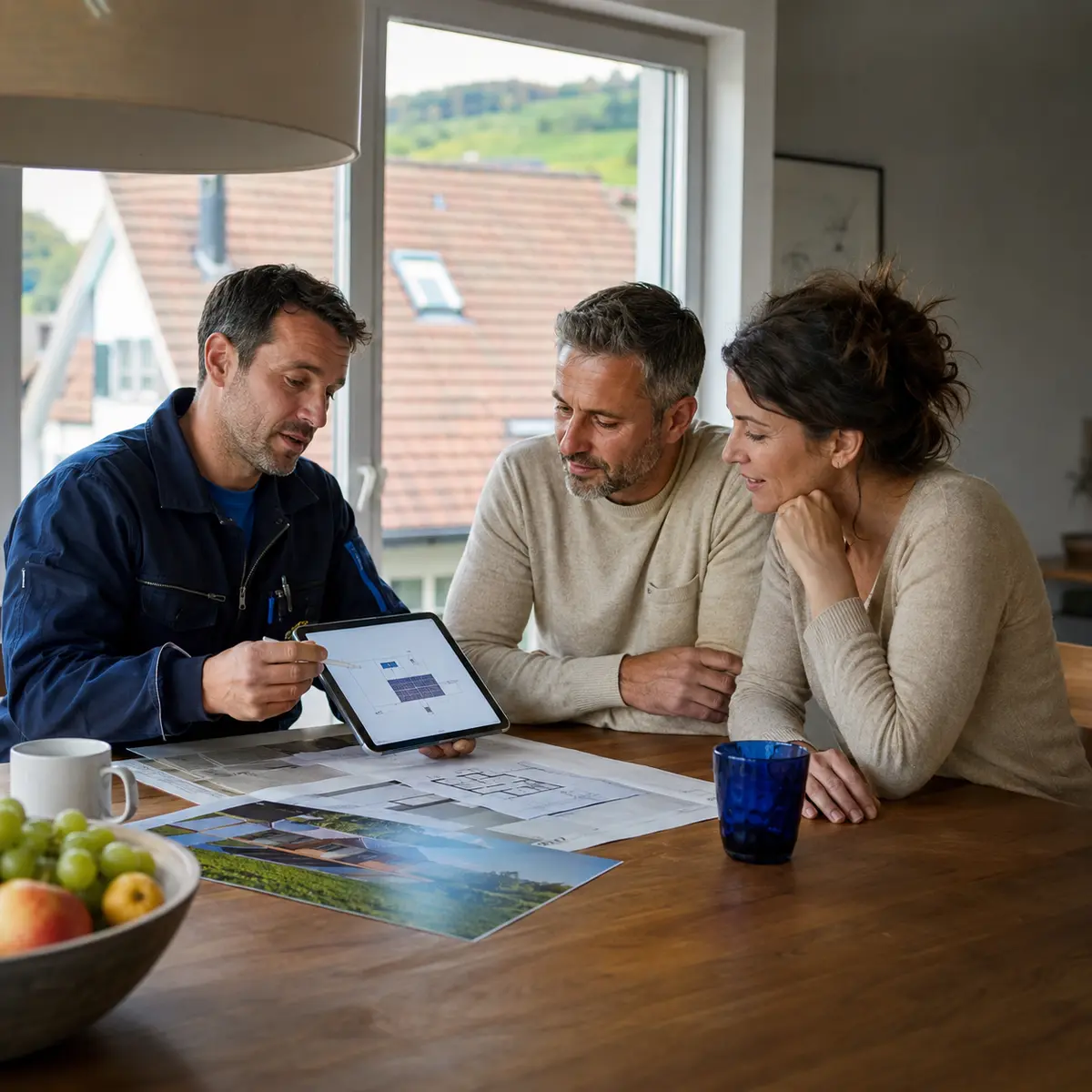 Conseil énergétique Belec avec des propriétaires autour de plans photovoltaïques