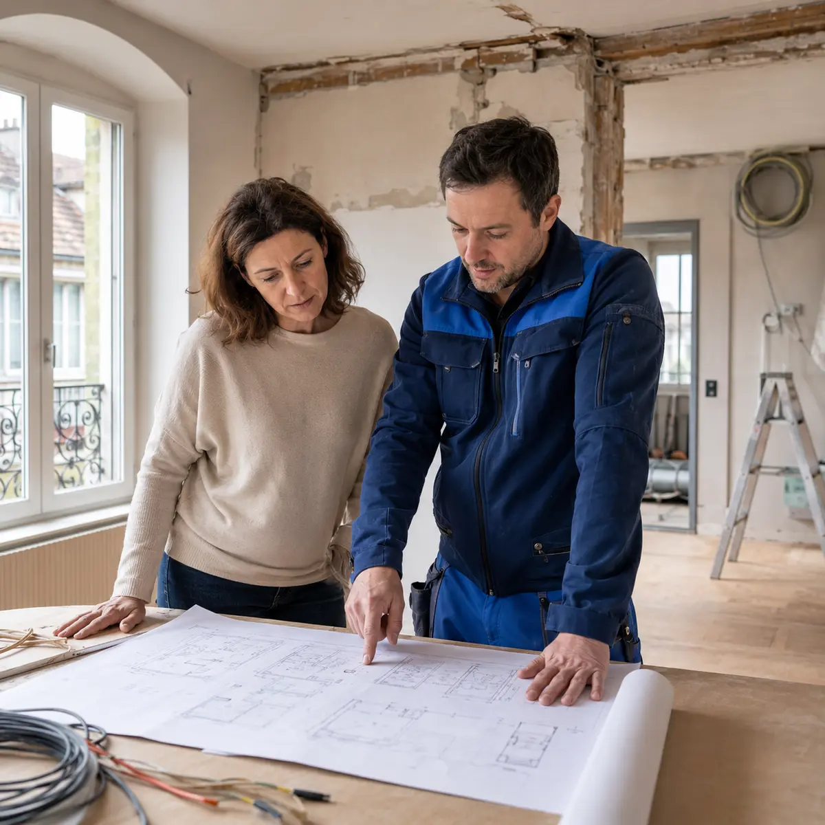 Électricien Belec préparant une rénovation électrique avec une propriétaire