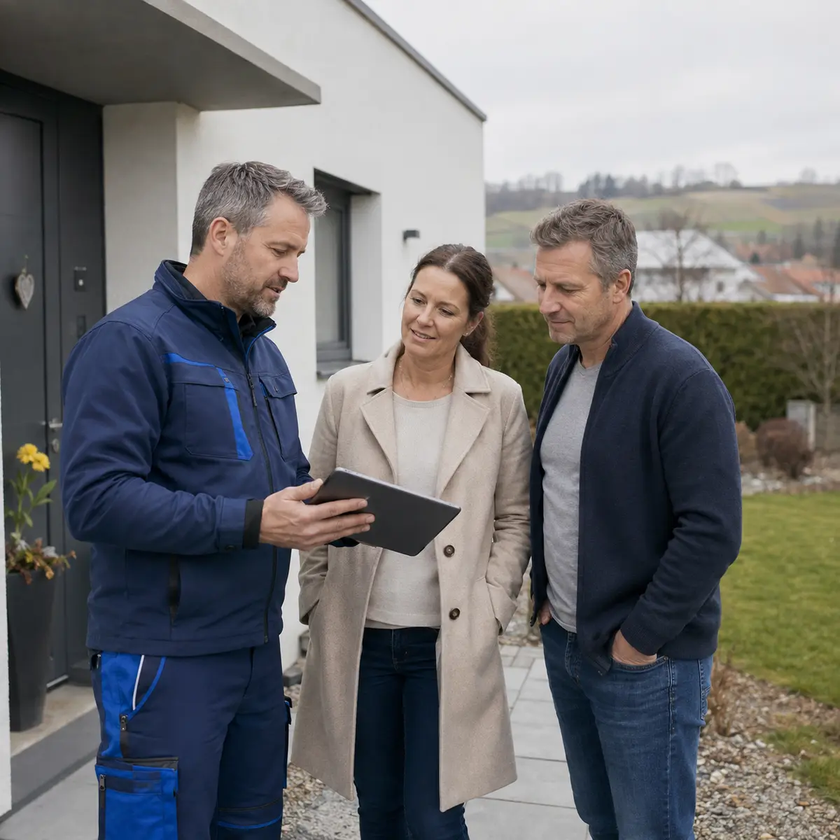 Électricien Belec présentant un projet sur tablette à un couple devant leur maison à Avenches