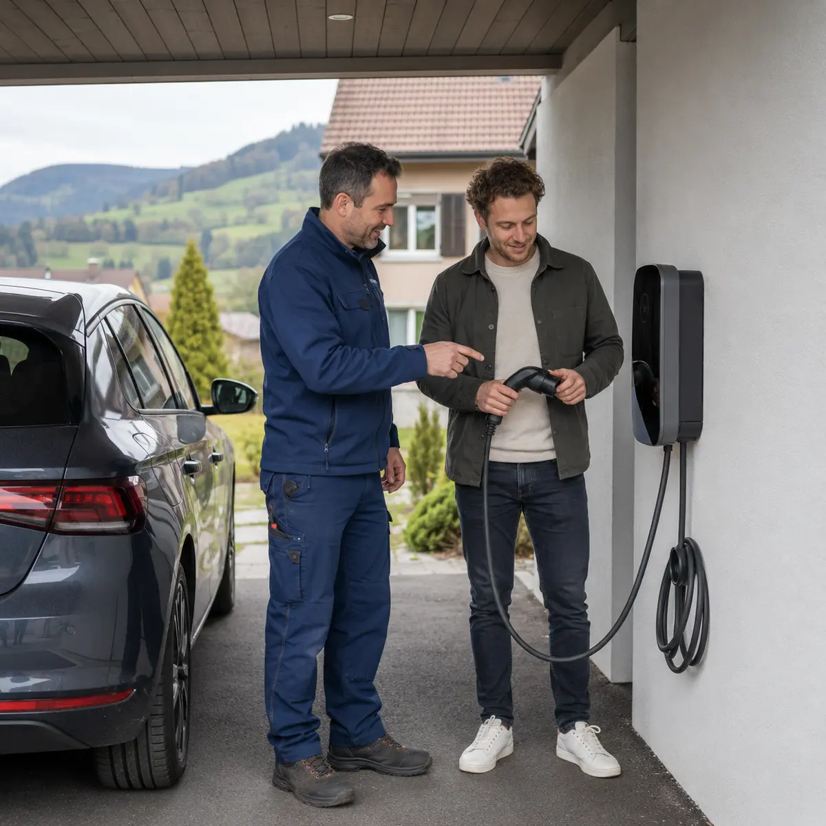 Remise d’une borne de recharge par un électricien Belec à un client