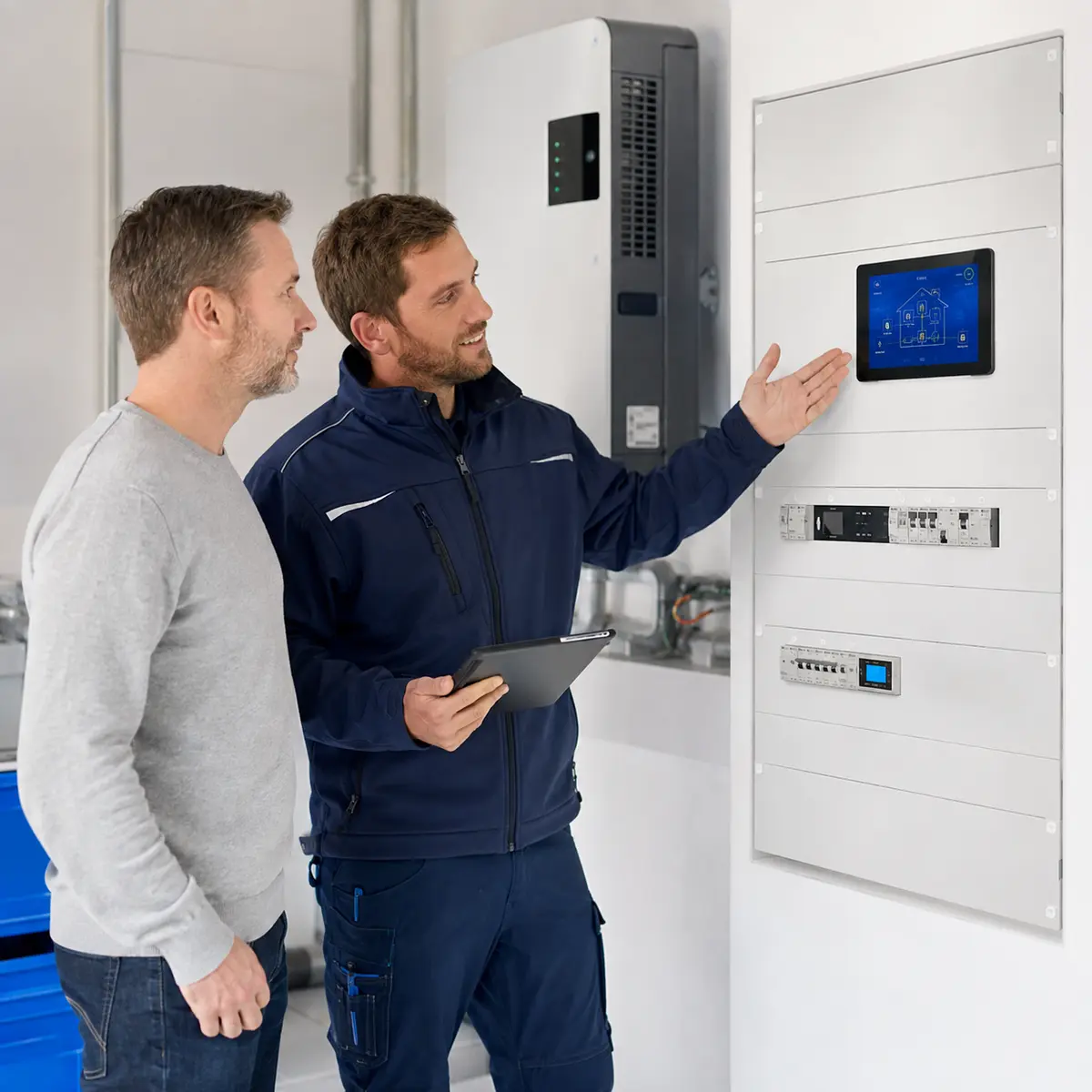 Visite de suivi Belec auprès d’un client devant son tableau électrique moderne