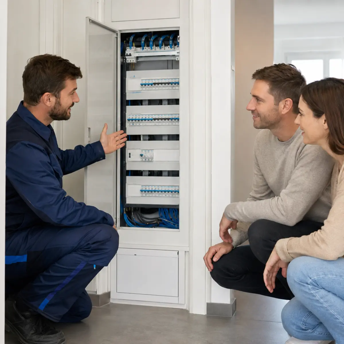 Électricien expliquant un tableau électrique moderne à des propriétaires