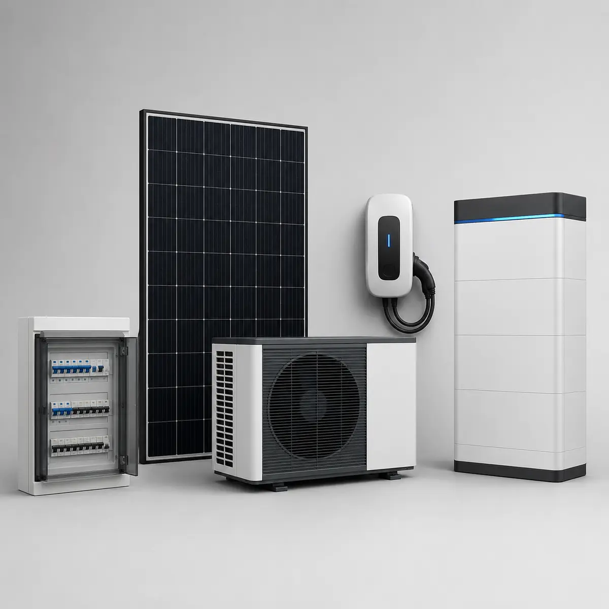 Tableau électrique, panneau solaire, pompe à chaleur, borne de recharge et batterie domestique