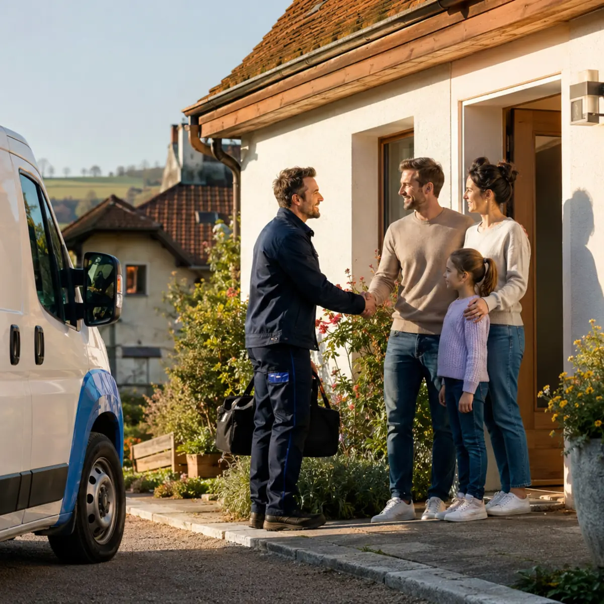 Technicien électricien arrivant chez une famille avec un véhicule de service