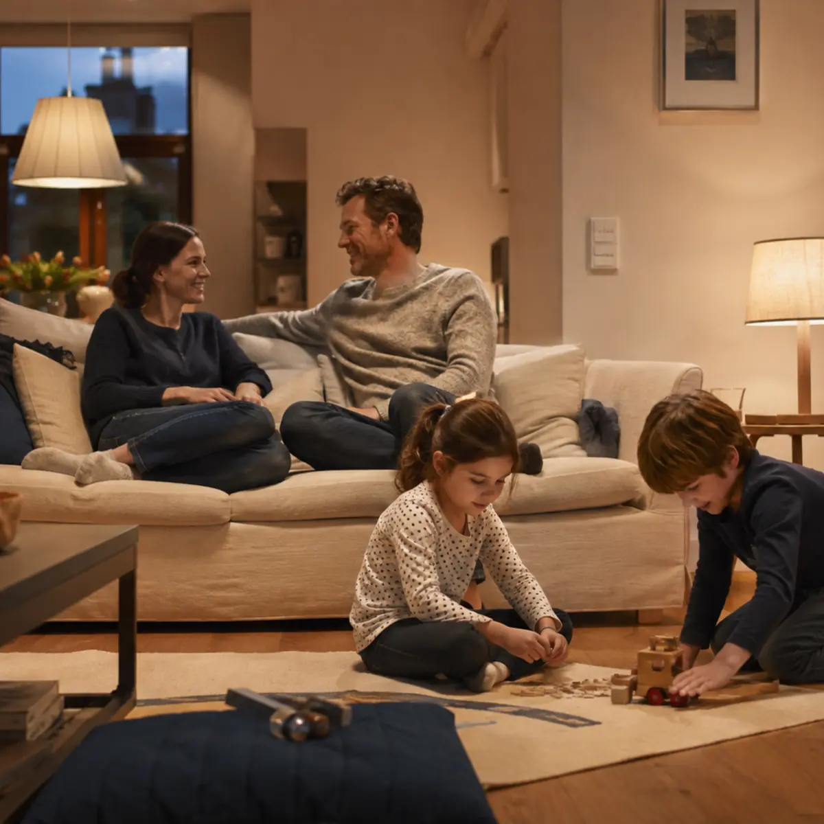 Famille profitant d’un salon chaleureux grâce à une installation électrique fiable