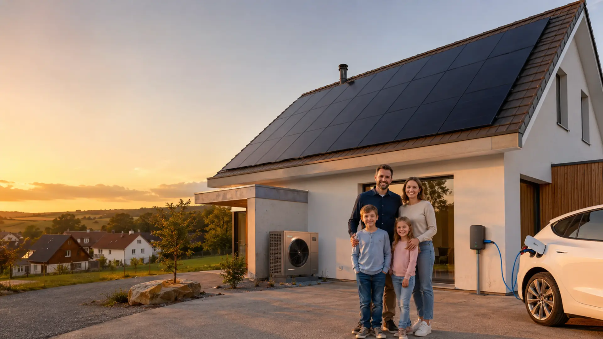 Maison familiale suisse équipée de panneaux solaires, d’une pompe à chaleur et d’une borne de recharge