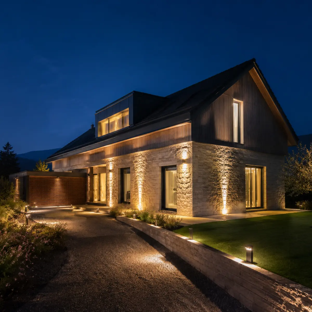 Maison suisse contemporaine avec éclairage extérieur intelligent
