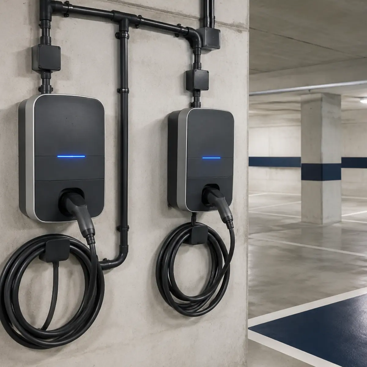 Deux bornes de recharge installées dans un parking souterrain
