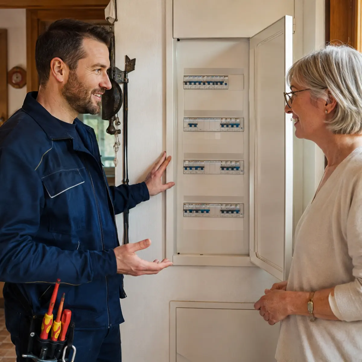 Électricien présentant un tableau rénové à une cliente