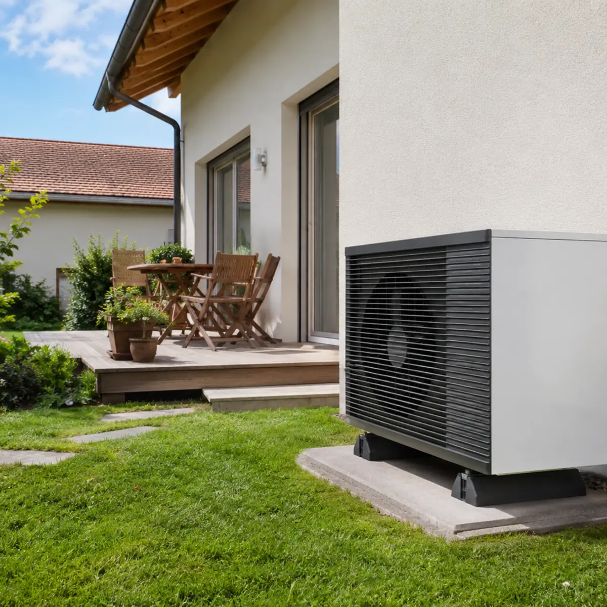 Pompe à chaleur installée auprès d’une maison suisse rénovée