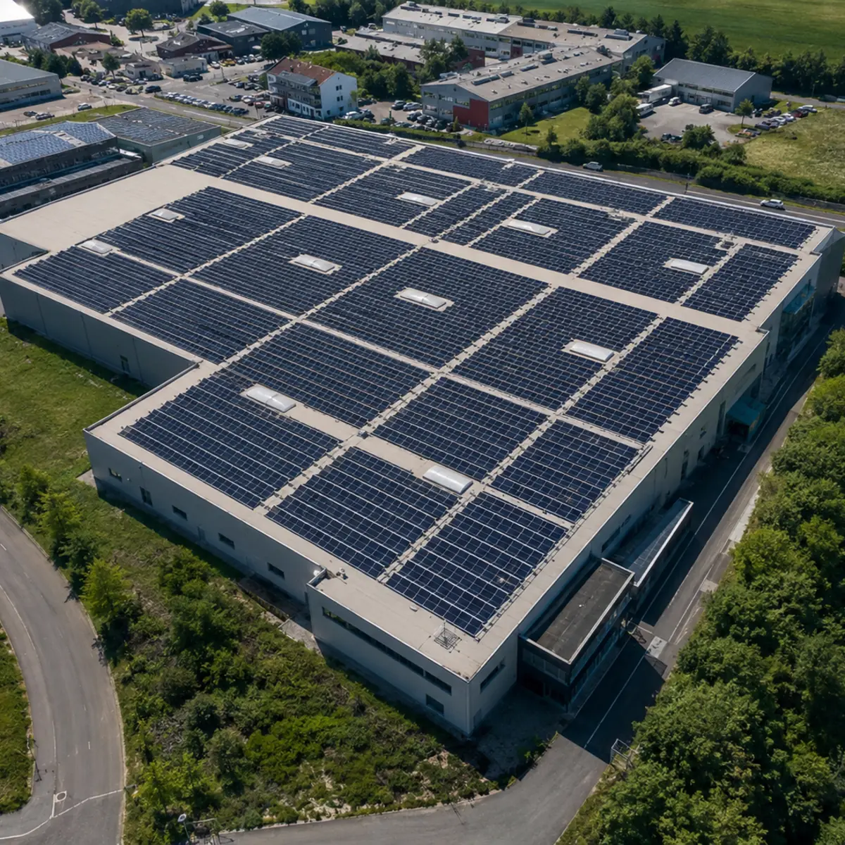 Grande installation photovoltaïque sur un bâtiment industriel suisse