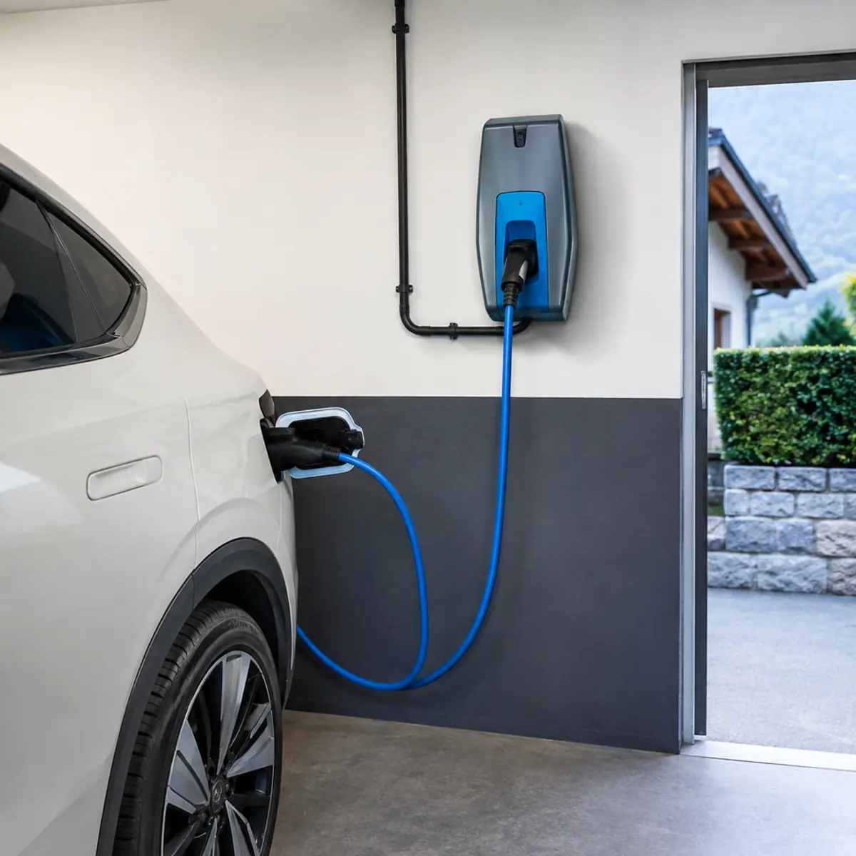 Voiture électrique branchée à une borne murale dans un garage privé