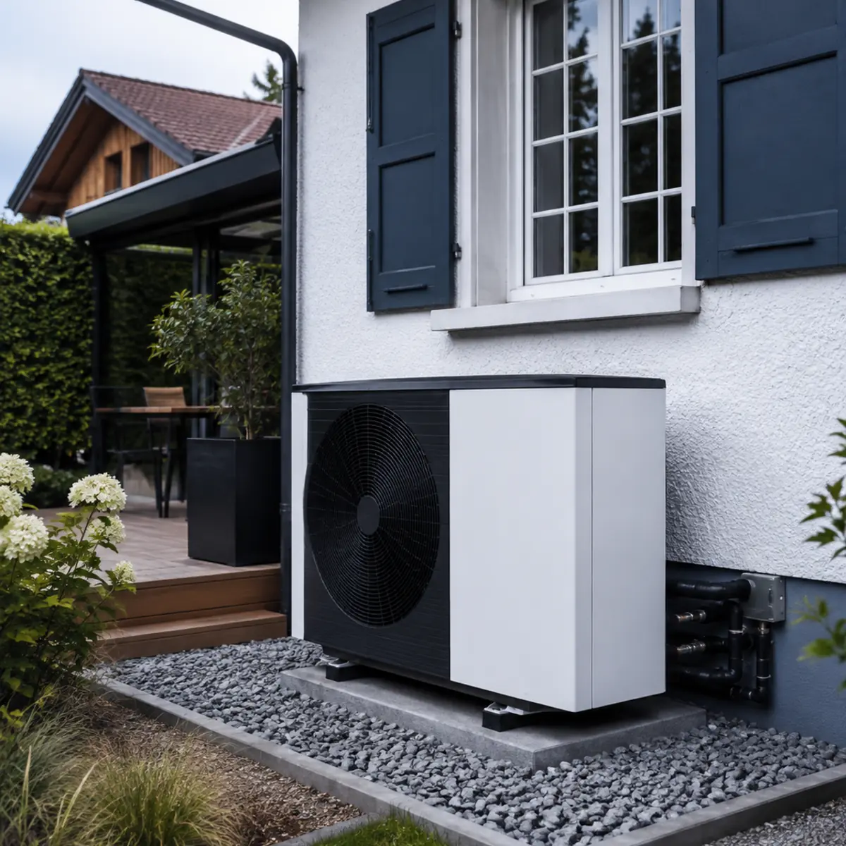 Pompe à chaleur moderne installée contre une maison suisse