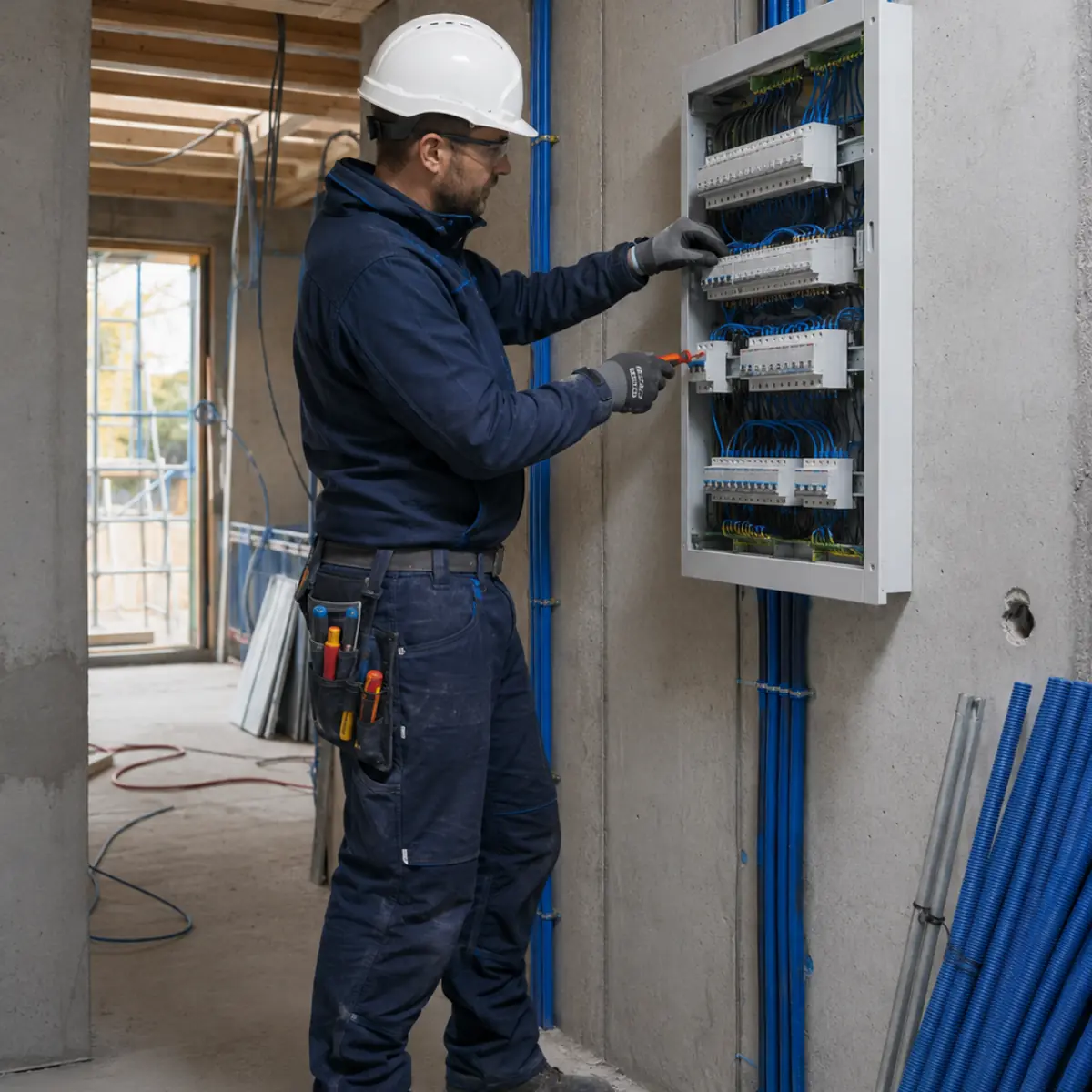 Électricien installant un tableau dans une villa en construction