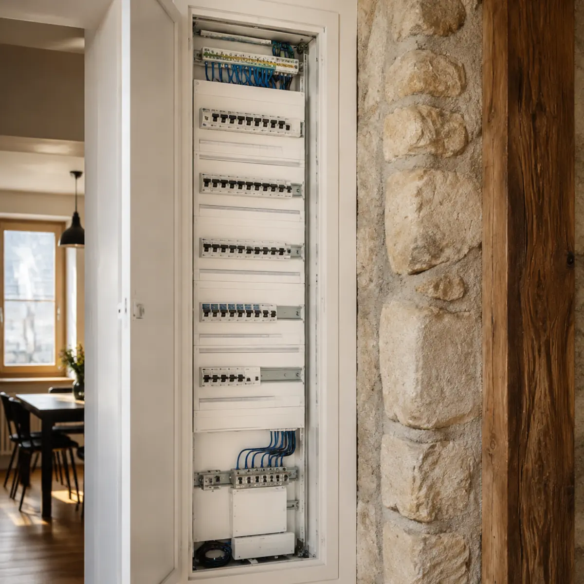 Tableau électrique moderne intégré dans un appartement ancien rénové