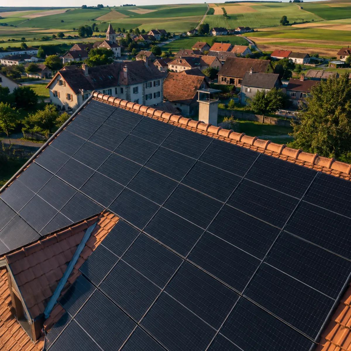 Toiture photovoltaïque dominant un village et les champs de la Broye