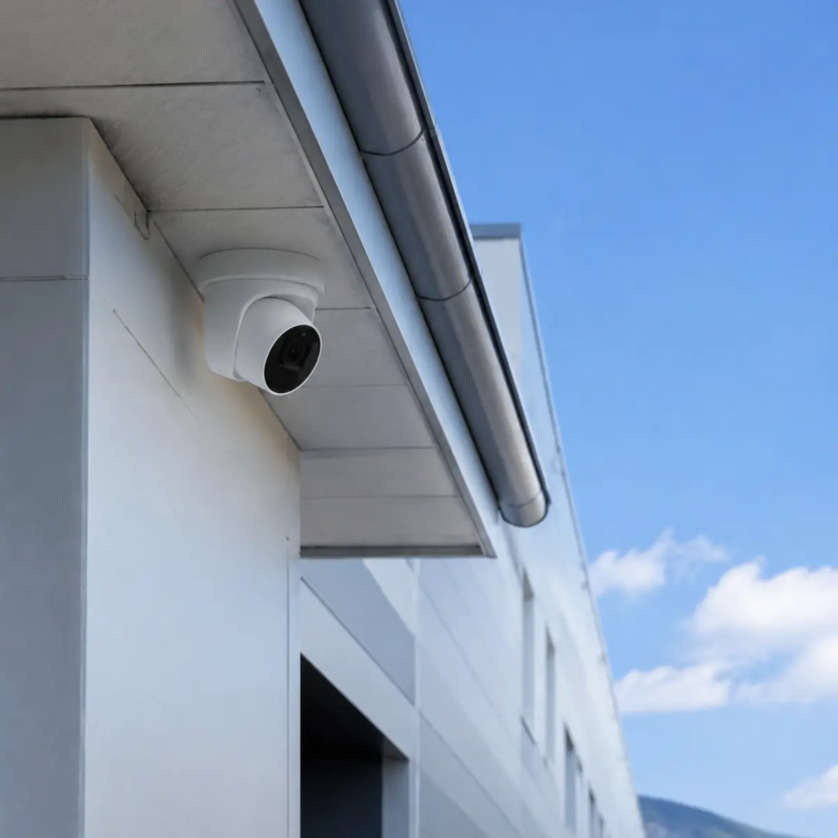 Caméra de vidéosurveillance installée sous l’avant-toit d’un bâtiment